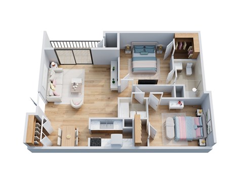 Floor plan for 2 beds, 2 baths, 1038 sqft